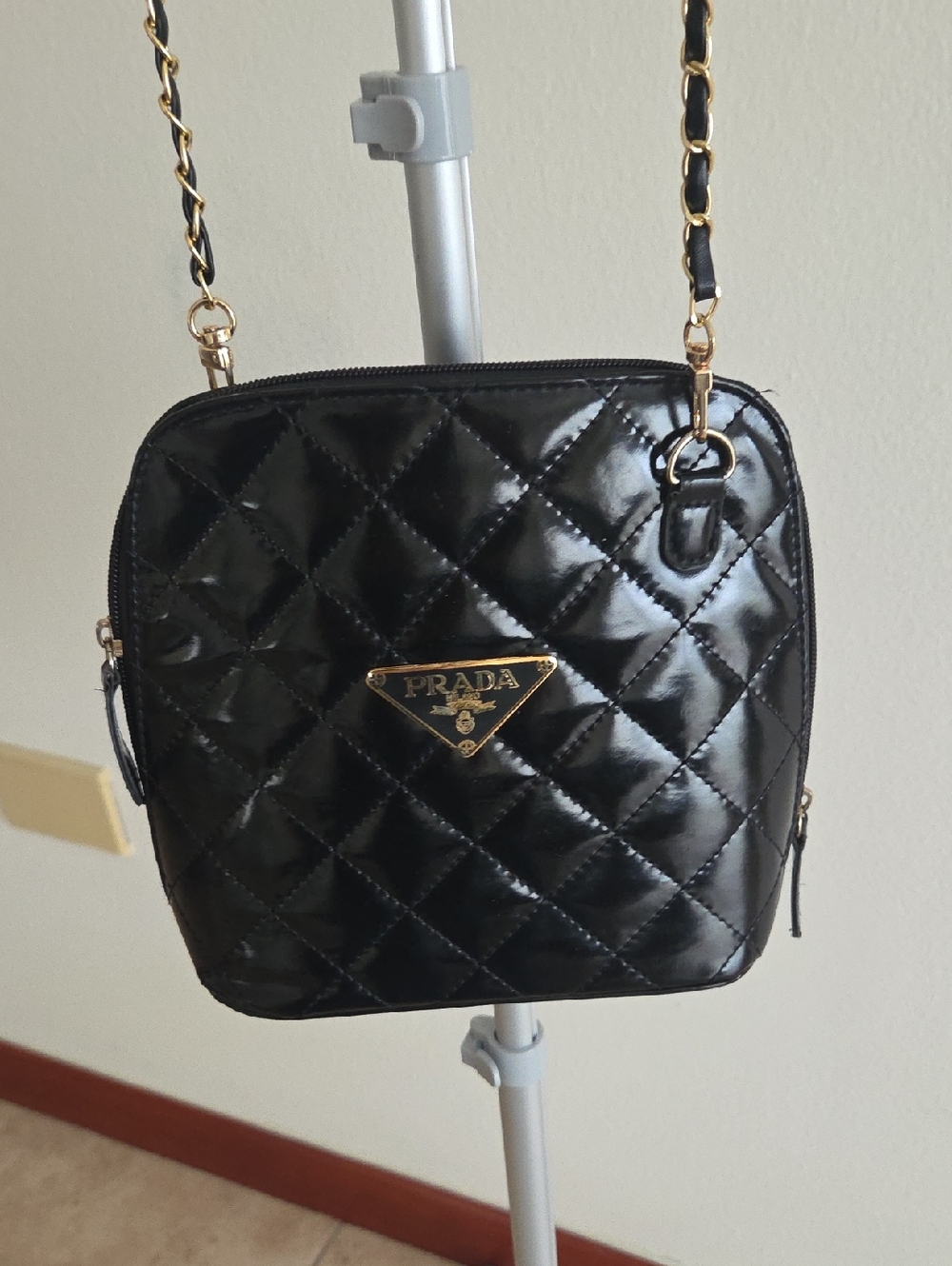 Black Quilted Patent Crossbody Bag with Gold Hardware